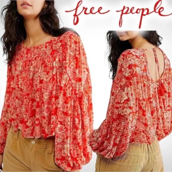 Free People Up For Anything Top Red Mesh Floral Smocked Statement Sleeve Size M - Picture 3 of 10